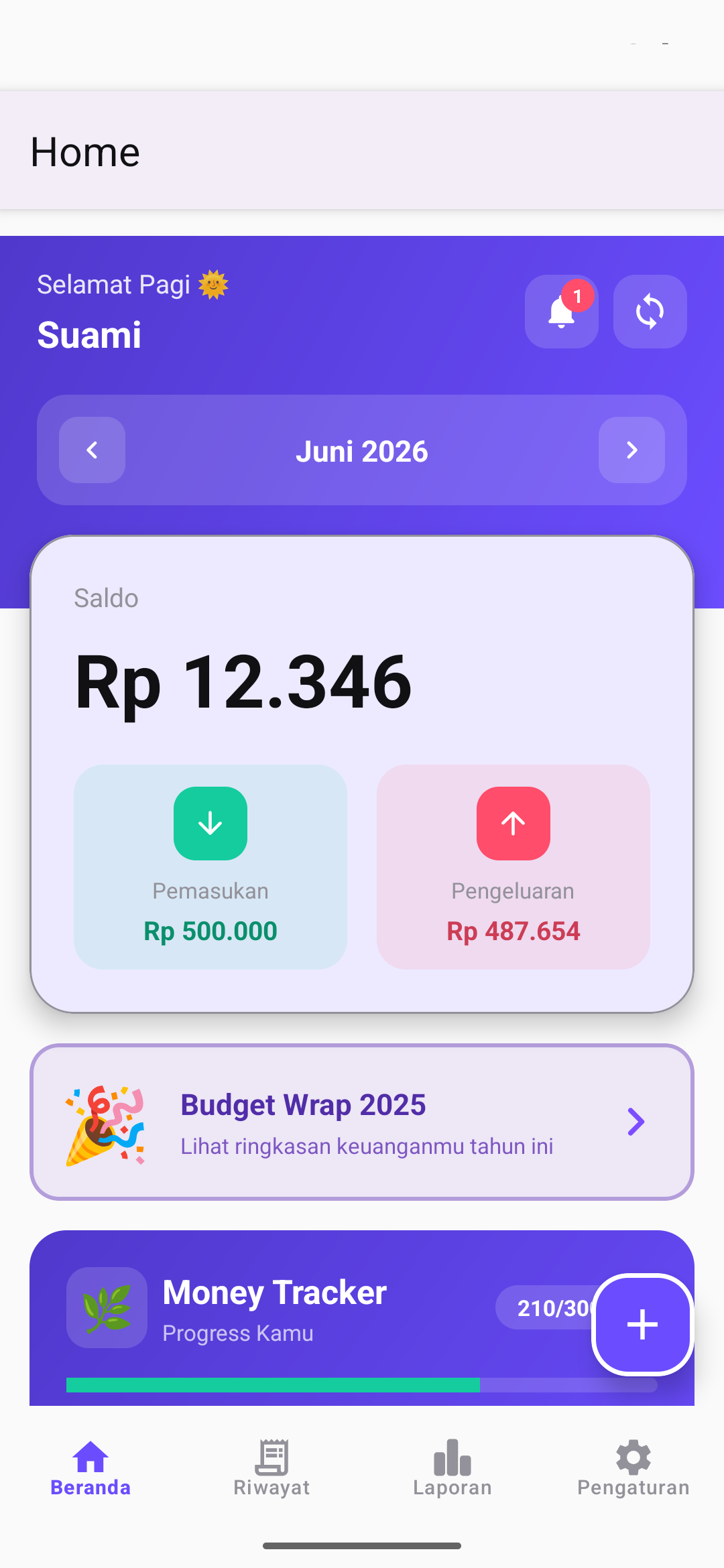Beranda Family Budget Tracker menampilkan saldo, pemasukan, dan pengeluaran