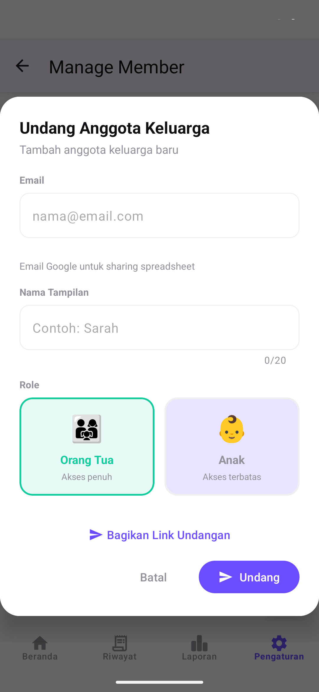 Undang anggota keluarga via link