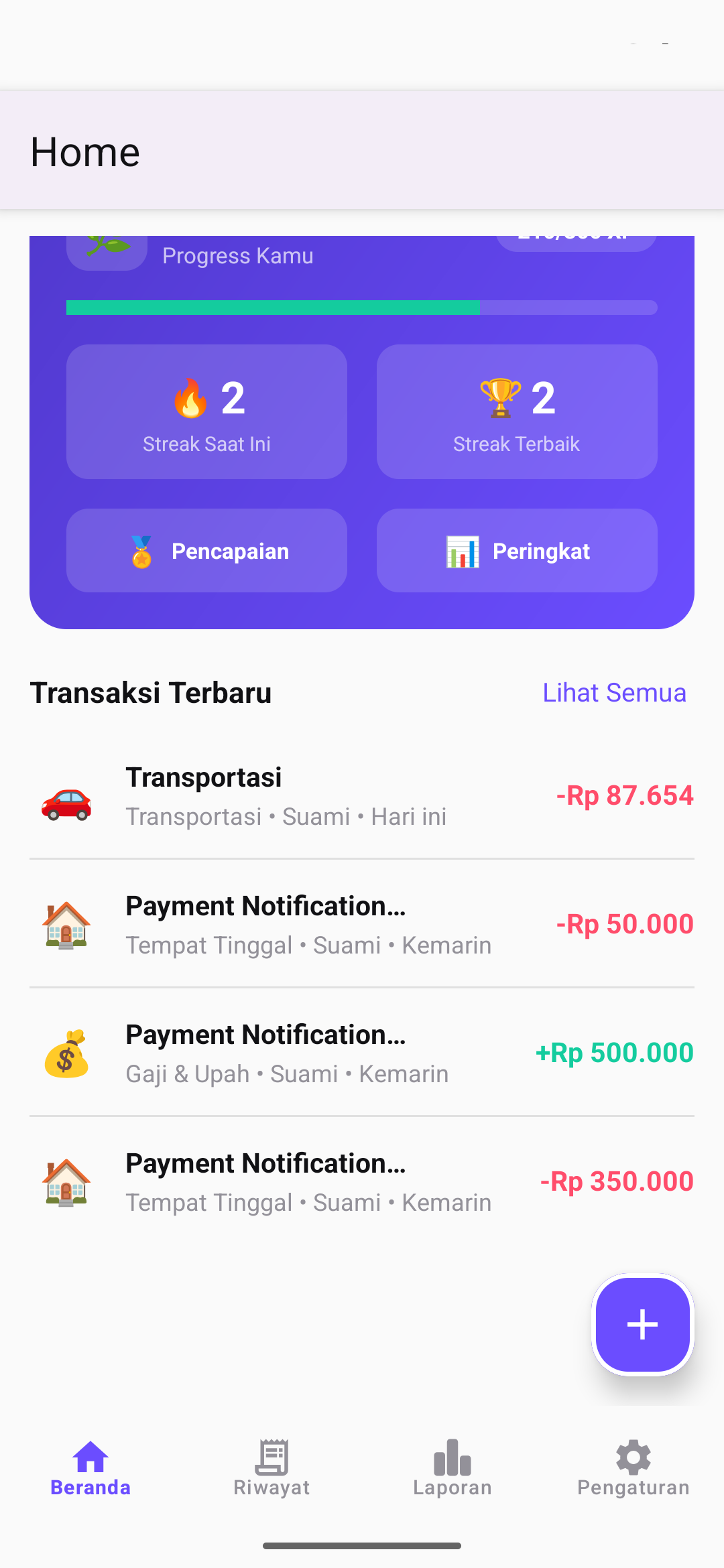 Streak dan progres gamifikasi di Beranda