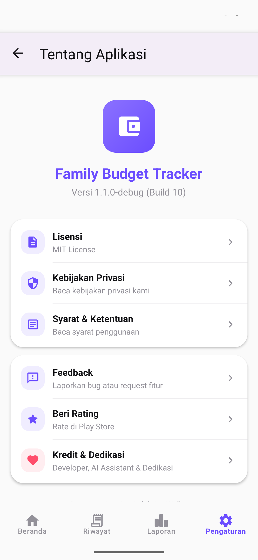 Halaman tentang & privasi aplikasi
